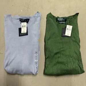 NWT Lot Of 2 Polo Ralph Lauren Men Pima Cotton V-Neck Knit Sweater Blue/Green XL